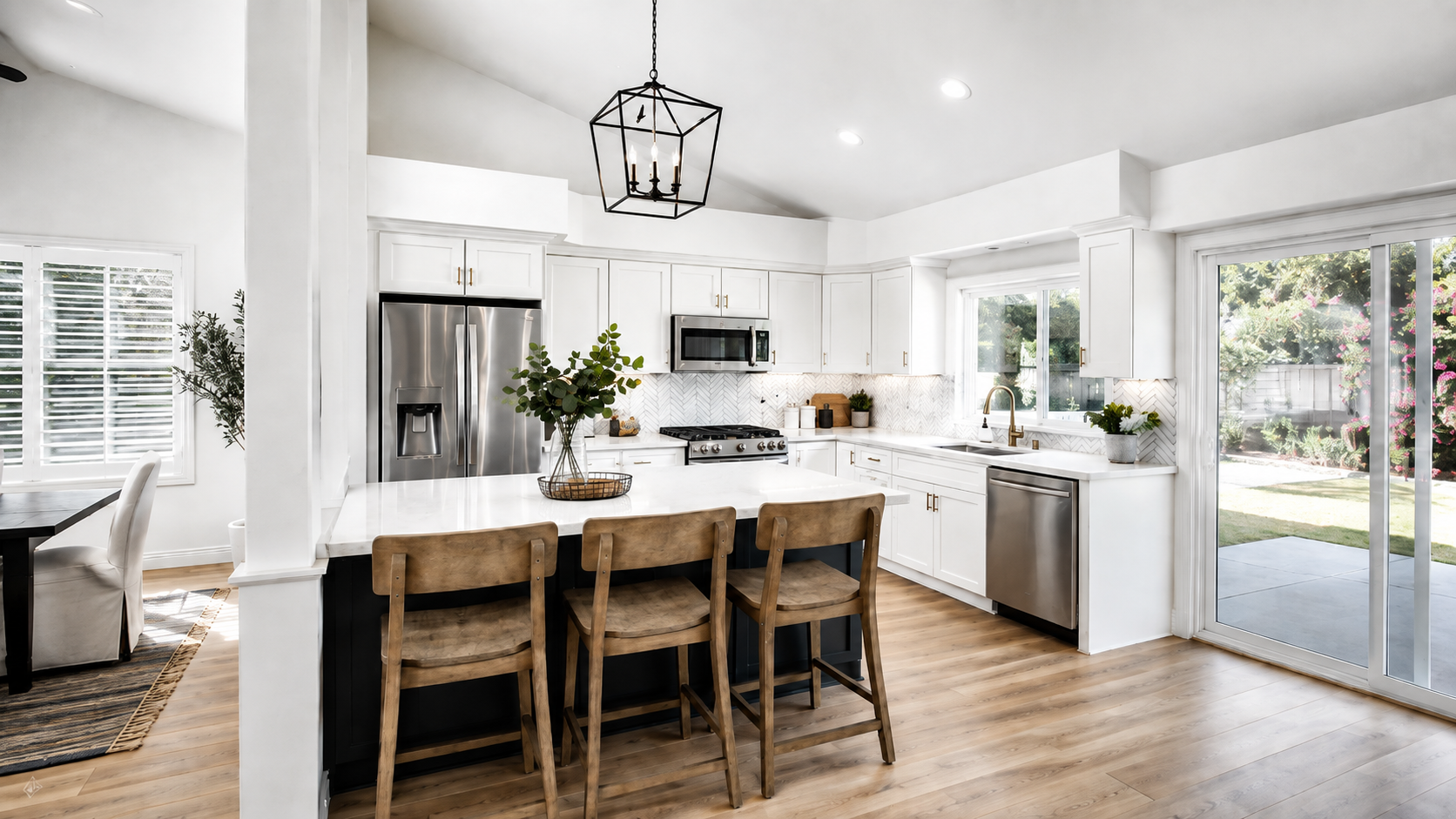 Inland Empire kitchen remodel with custom cabinetry, stone island and brass hardware